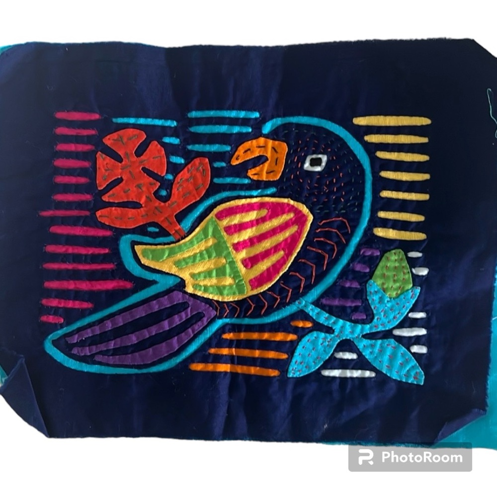 Vintage Blue Red & Yellow Parrot Mola Hand Made in Panama